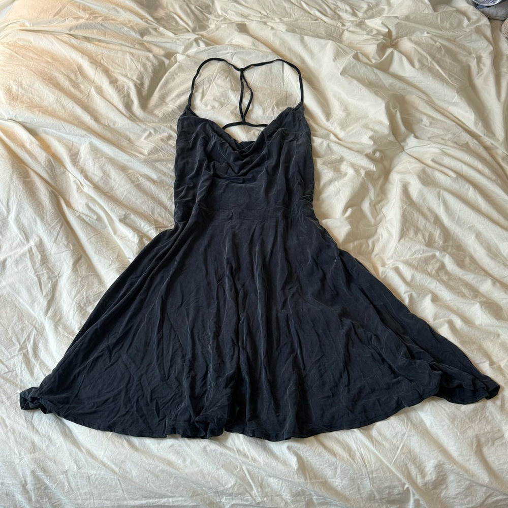 washed black mini dress with open back and cowl neck